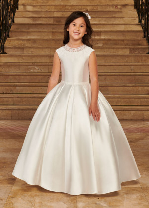 Beaded Neck Ivory Lace Box Pleated Satin Flower Girl Dress